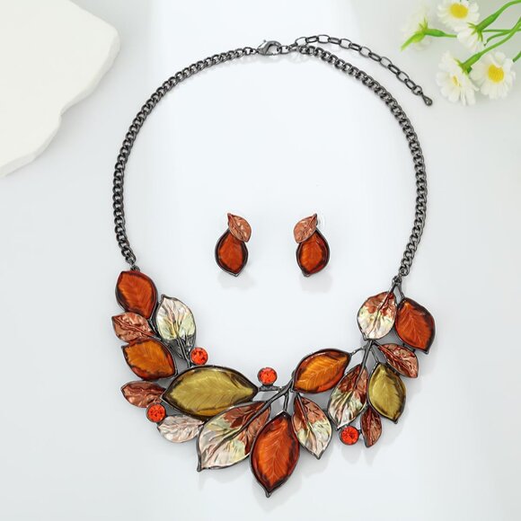 Vintage Chunky Statement Jewelry Set Retro Leaf Floral Geometric Bohemian Boho B - Picture 4 of 6